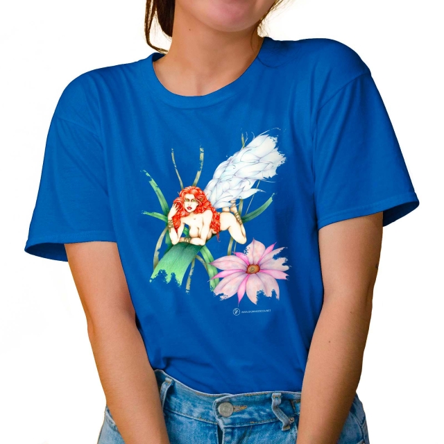 T-shirt donna colore tropical-blue rappresentante Acorus di Giorgio Zocca.