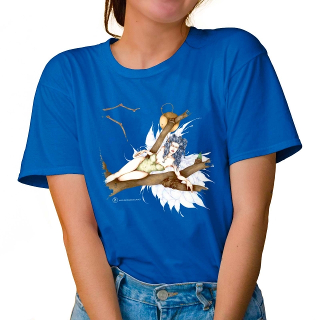 T-shirt donna colore tropical-blue rappresentante Vinca di Giorgio Zocca.