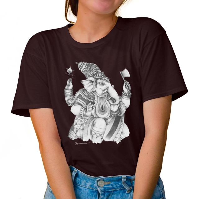 T-shirt donna colore chocolate rappresentante Ganesha di Giorgio Zocca.