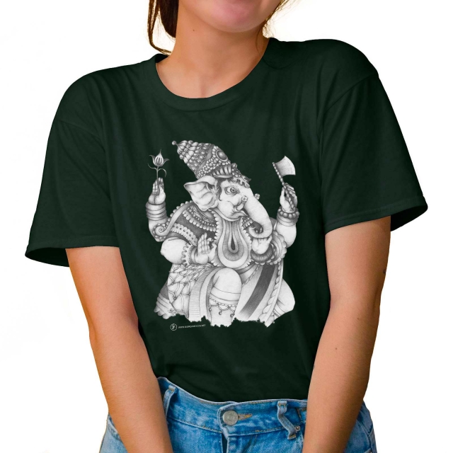 T-shirt donna colore forest-green rappresentante Ganesha di Giorgio Zocca.