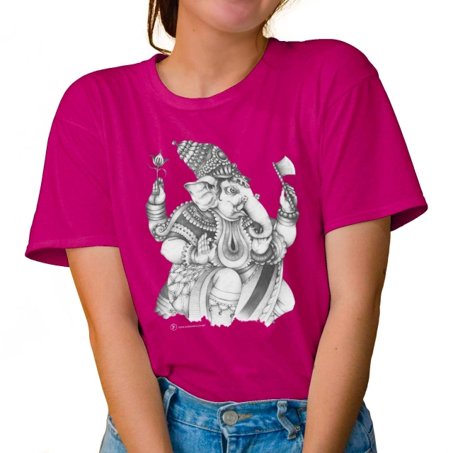 T-shirt donna colore fuchsia rappresentante Ganesha di Giorgio Zocca.