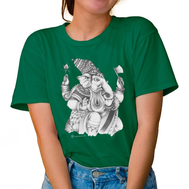 T-shirt donna colore kelly-green rappresentante Ganesha di Giorgio Zocca.