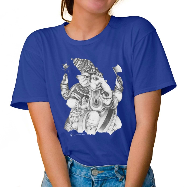 T-shirt donna colore light-royal-blue rappresentante Ganesha di Giorgio Zocca.