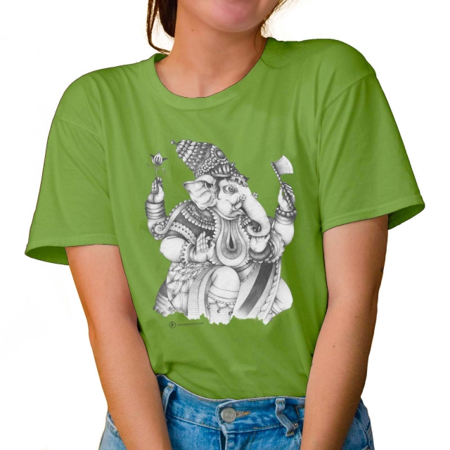 T-shirt donna colore lime rappresentante Ganesha di Giorgio Zocca.