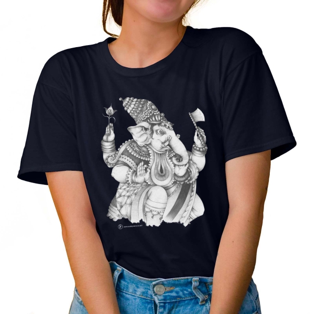 T-shirt donna colore navy rappresentante Ganesha di Giorgio Zocca.