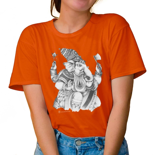 T-shirt donna colore orange rappresentante Ganesha di Giorgio Zocca.