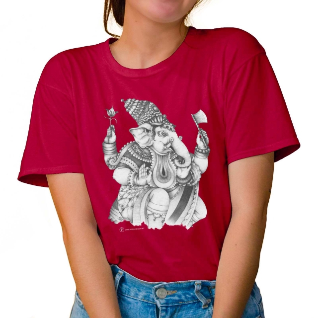 T-shirt donna colore red rappresentante Ganesha di Giorgio Zocca.
