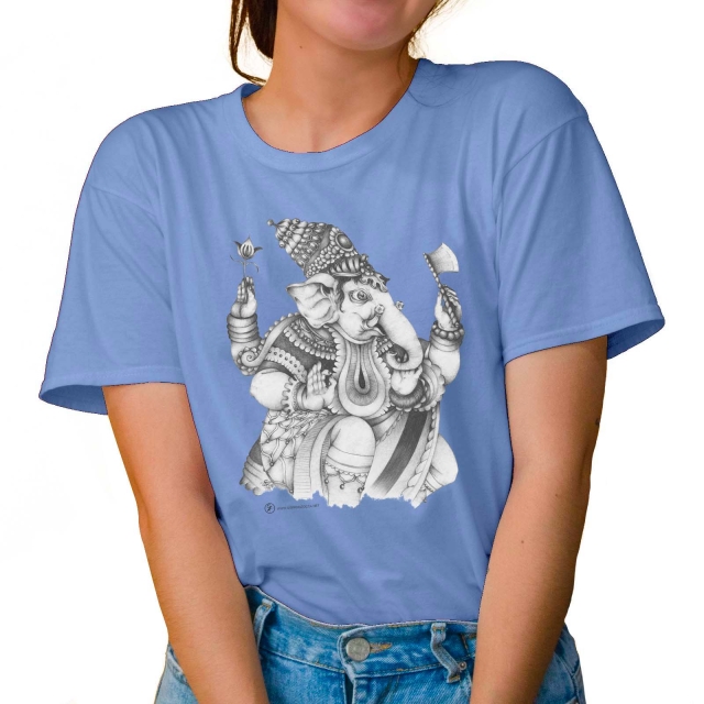 T-shirt donna colore sky-blue rappresentante Ganesha di Giorgio Zocca.
