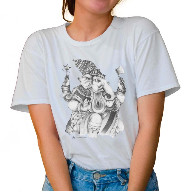 T-shirt donna colore white rappresentante Ganesha di Giorgio Zocca.