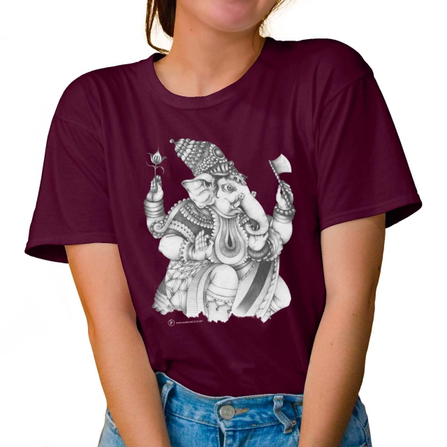 T-shirt donna colore wine rappresentante Ganesha di Giorgio Zocca.